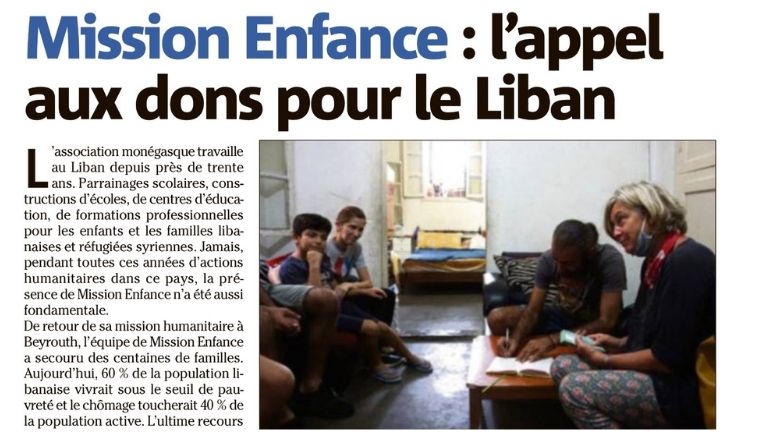 With Mission Enfance, emergency aid and education for the children of Lebanon